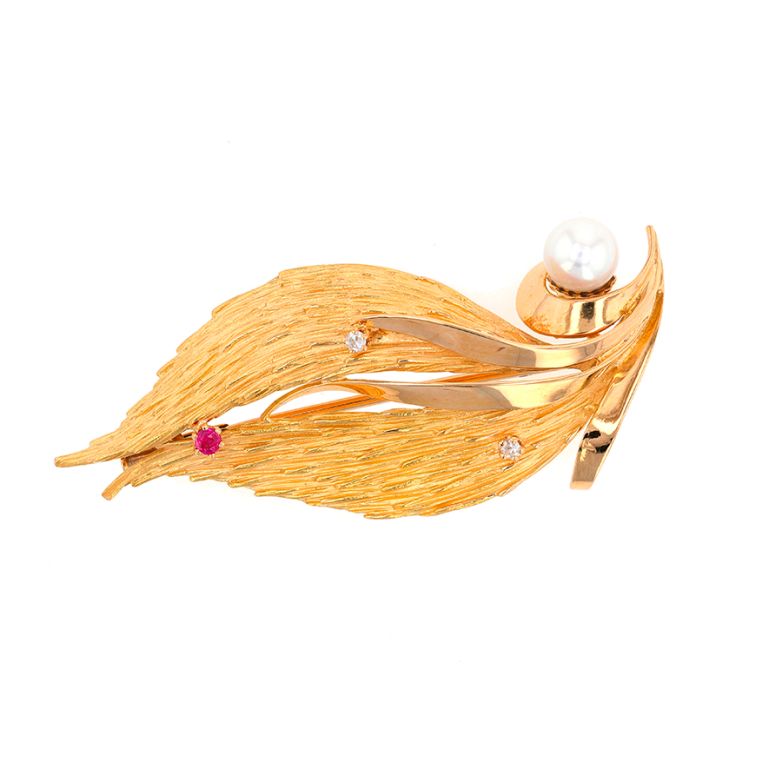 Broche vintage perle, rubis et diamants or jaune 9.42g Comme neuf -  reconditionné disponible sur Gemme Les Bijoux